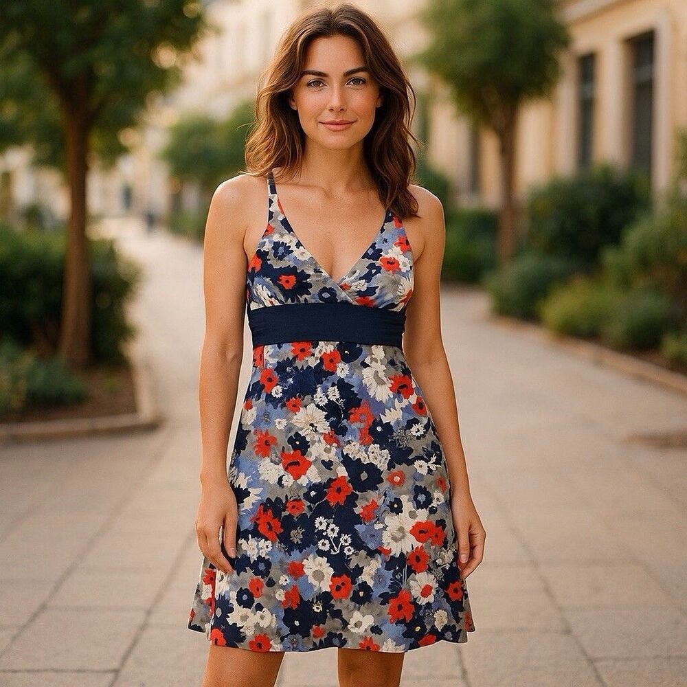 Patagonia Small Margot Dress Floral Navy Orange Sleeveless‎ Stretch Cotton Knit